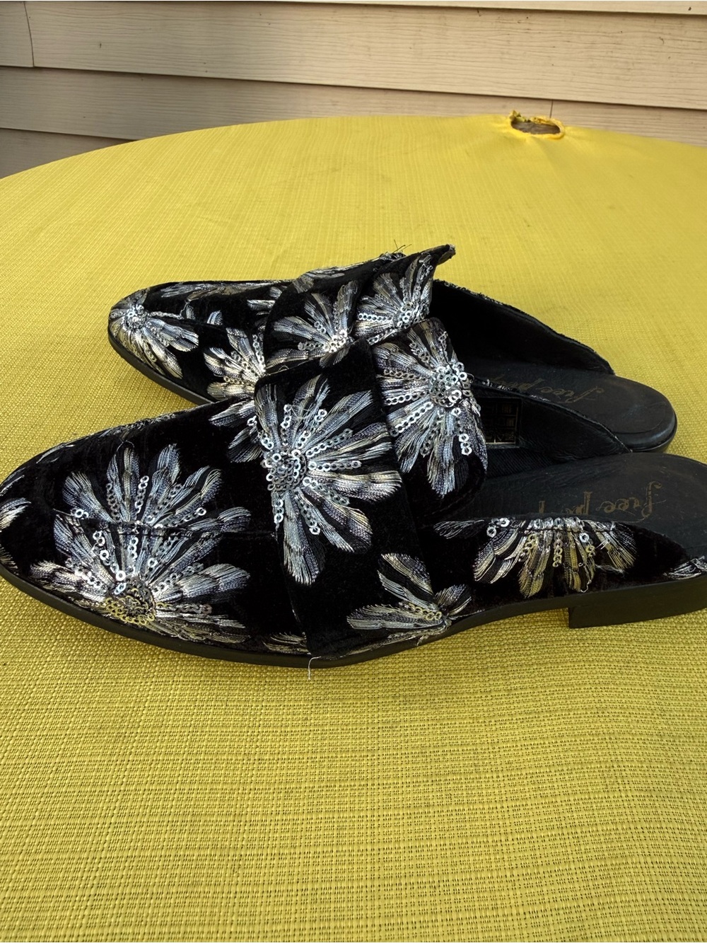 Free People Black Velvet Slip-On Mules with Silver Floral Sequin Embroi